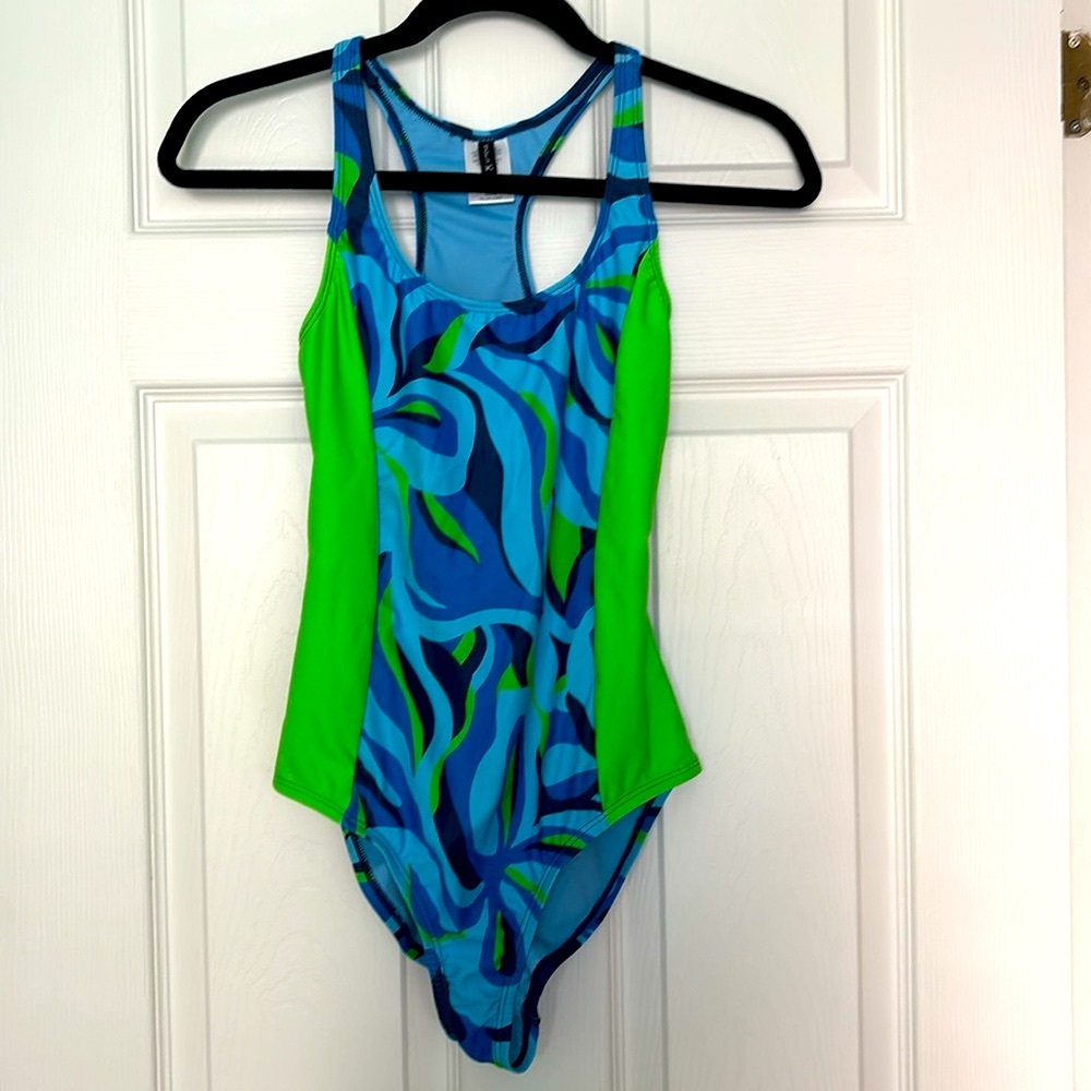 NWT Girls size M 10 Bathing suit set with cover-up one piece in blue and green
